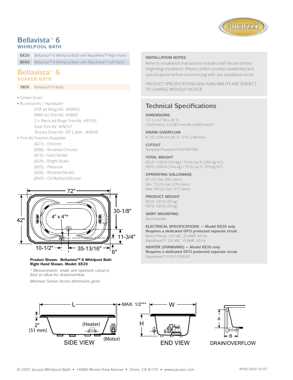Bellavista, Technical specifications, End view side view | Lw h | Jacuzzi Bellavista BT65 User Manual | Page 2 / 2