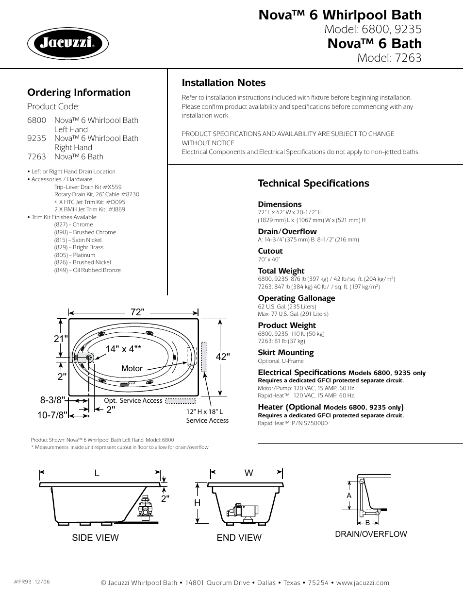 Nova™ 6 whirlpool bath, Nova™ 6 bath, Model: 7263 | Ordering information, Technical specifications | Jacuzzi Nova 6800-LH User Manual | Page 2 / 2