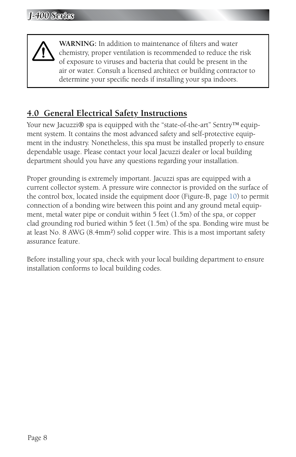 0 general electrical safety instructions, General electrical safety instructions, J-400 series | Jacuzzi J - 480 User Manual | Page 12 / 70