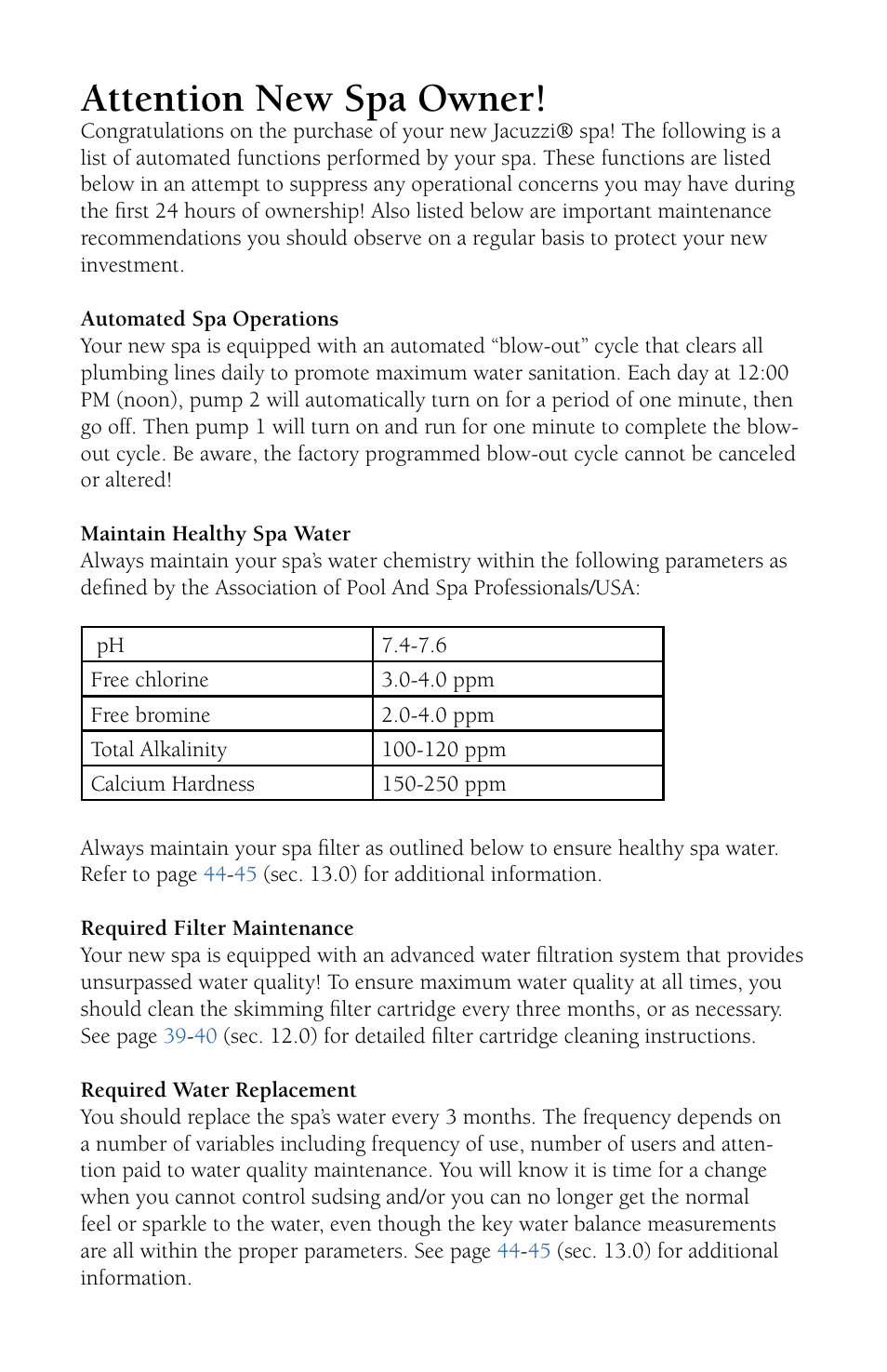 Attention new spa owner | Jacuzzi J - 480 User Manual | Page 2 / 70