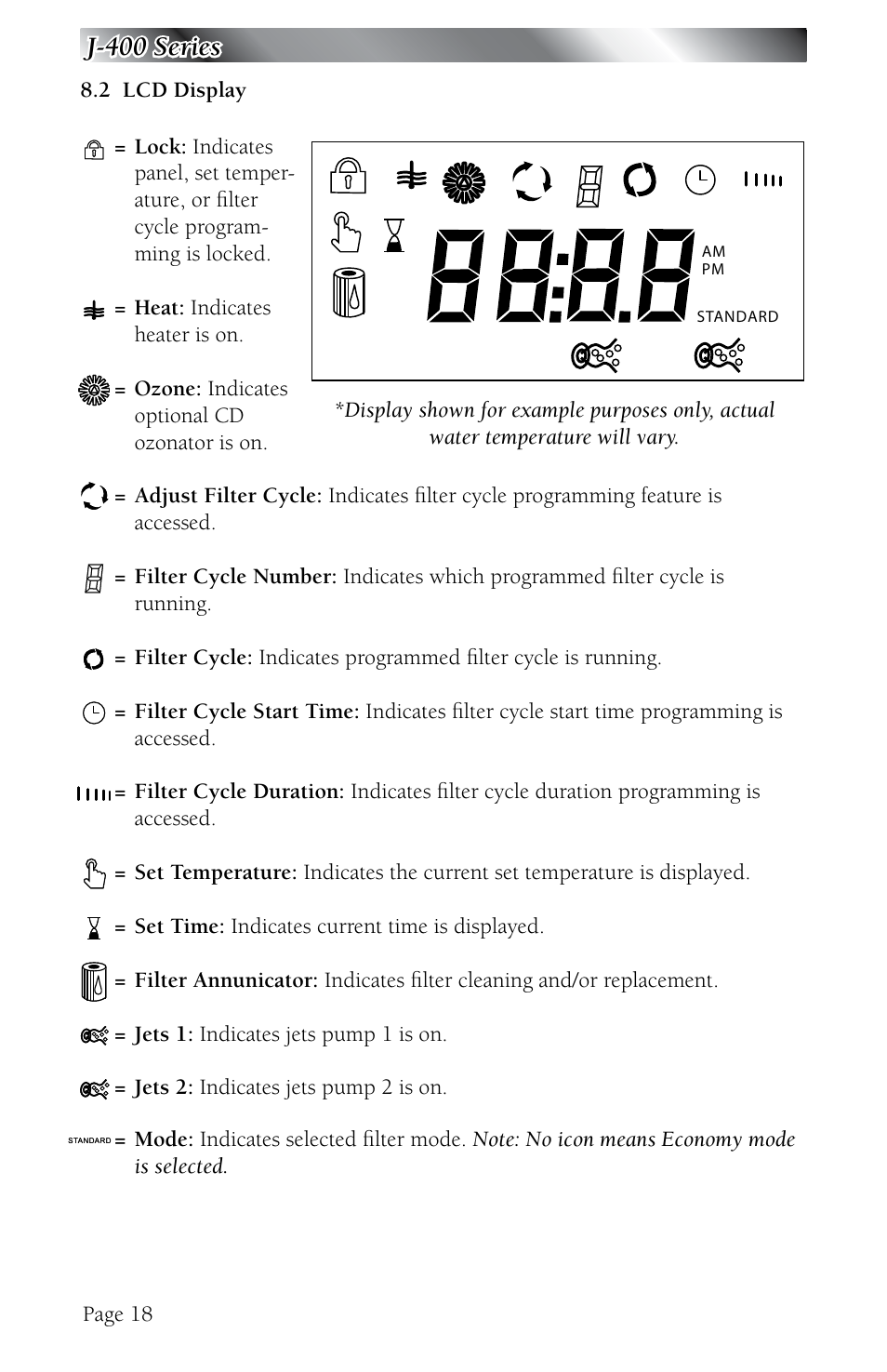 2 lcd display, Lcd display, J-400 series | Jacuzzi J - 480 User Manual | Page 22 / 70