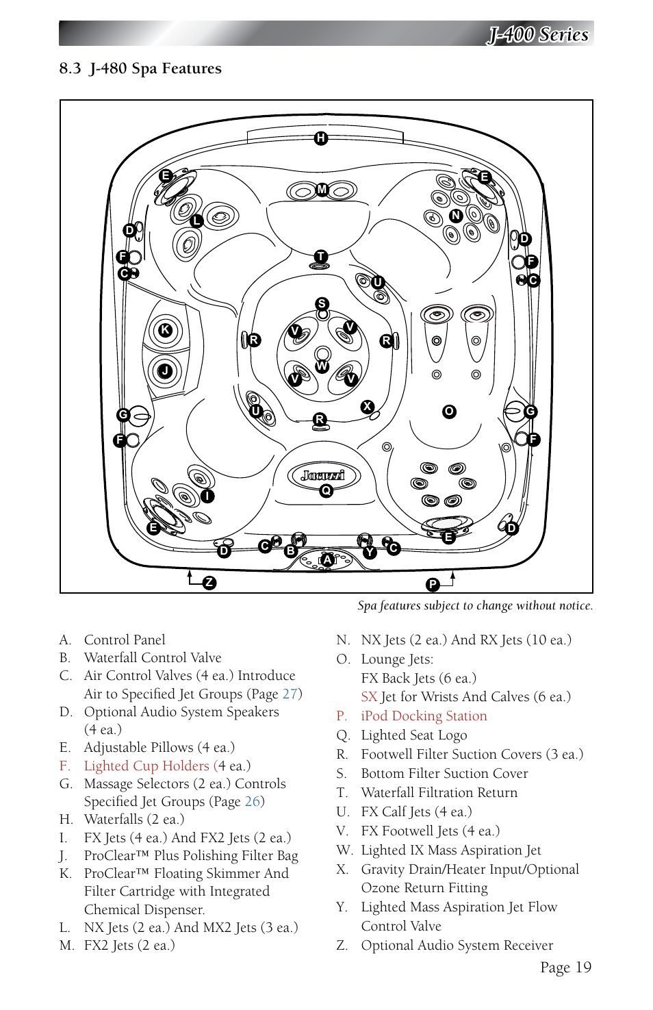3 j-480 spa features, J-480 spa features, J-400 series | Page 19 | Jacuzzi J - 480 User Manual | Page 23 / 70
