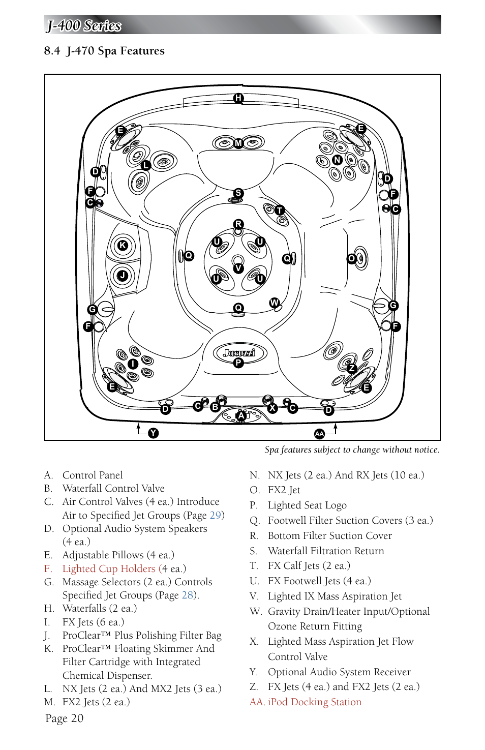 4 j-470 spa features, J-470 spa features, J-400 series | Page 20 | Jacuzzi J - 480 User Manual | Page 24 / 70