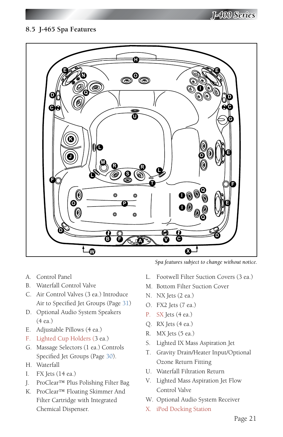 5 j-465 spa features, J-465 spa features, J-400 series | Page 21 | Jacuzzi J - 480 User Manual | Page 25 / 70