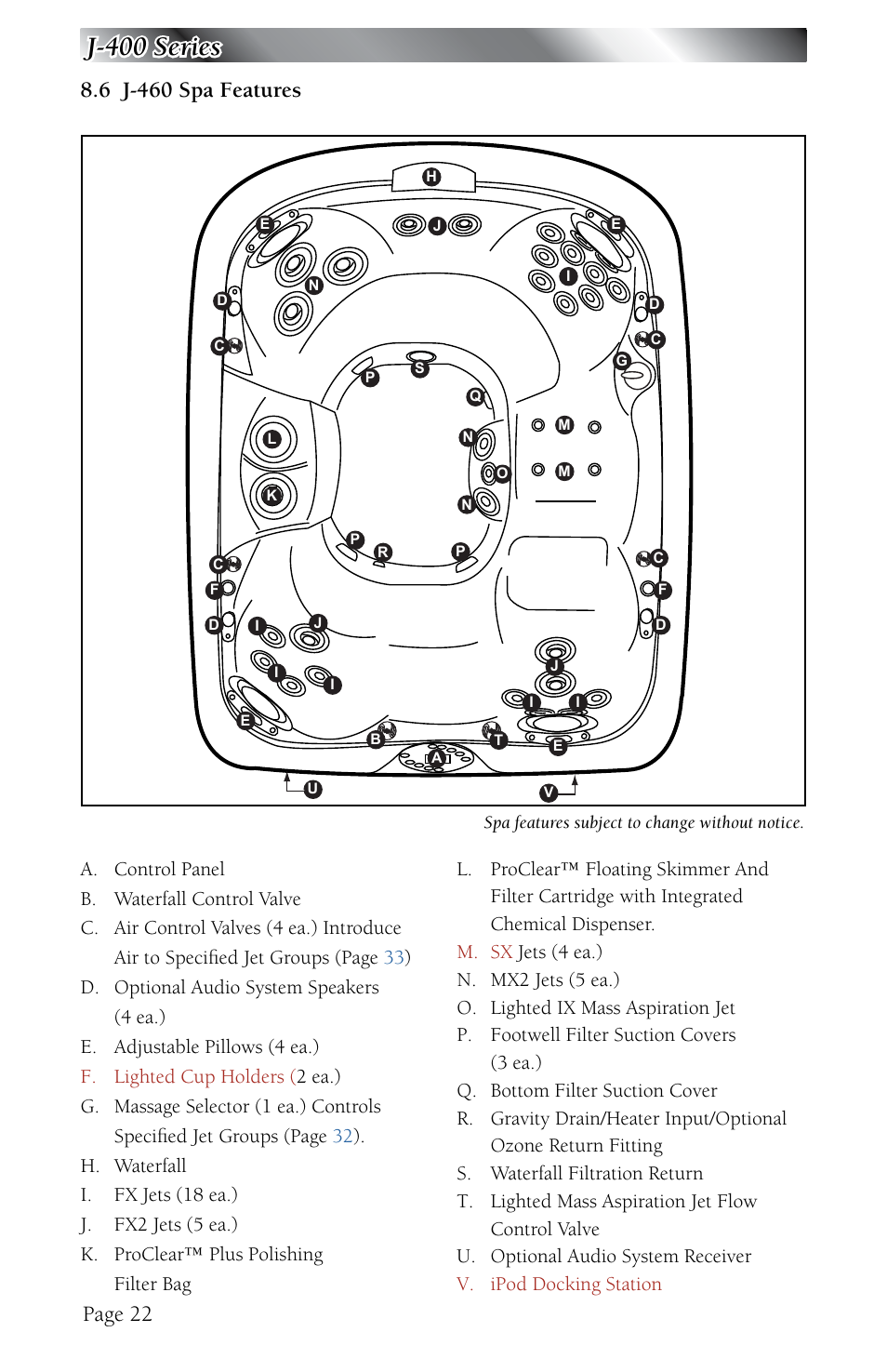 6 j-460 spa features, J-460 spa features, J-400 series | Page 22 | Jacuzzi J - 480 User Manual | Page 26 / 70