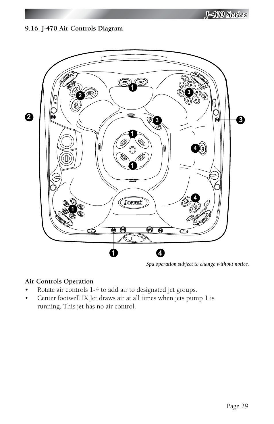 16 j-470 air controls diagram, J-470 air controls diagram, J-400 series | Jacuzzi J - 480 User Manual | Page 33 / 70