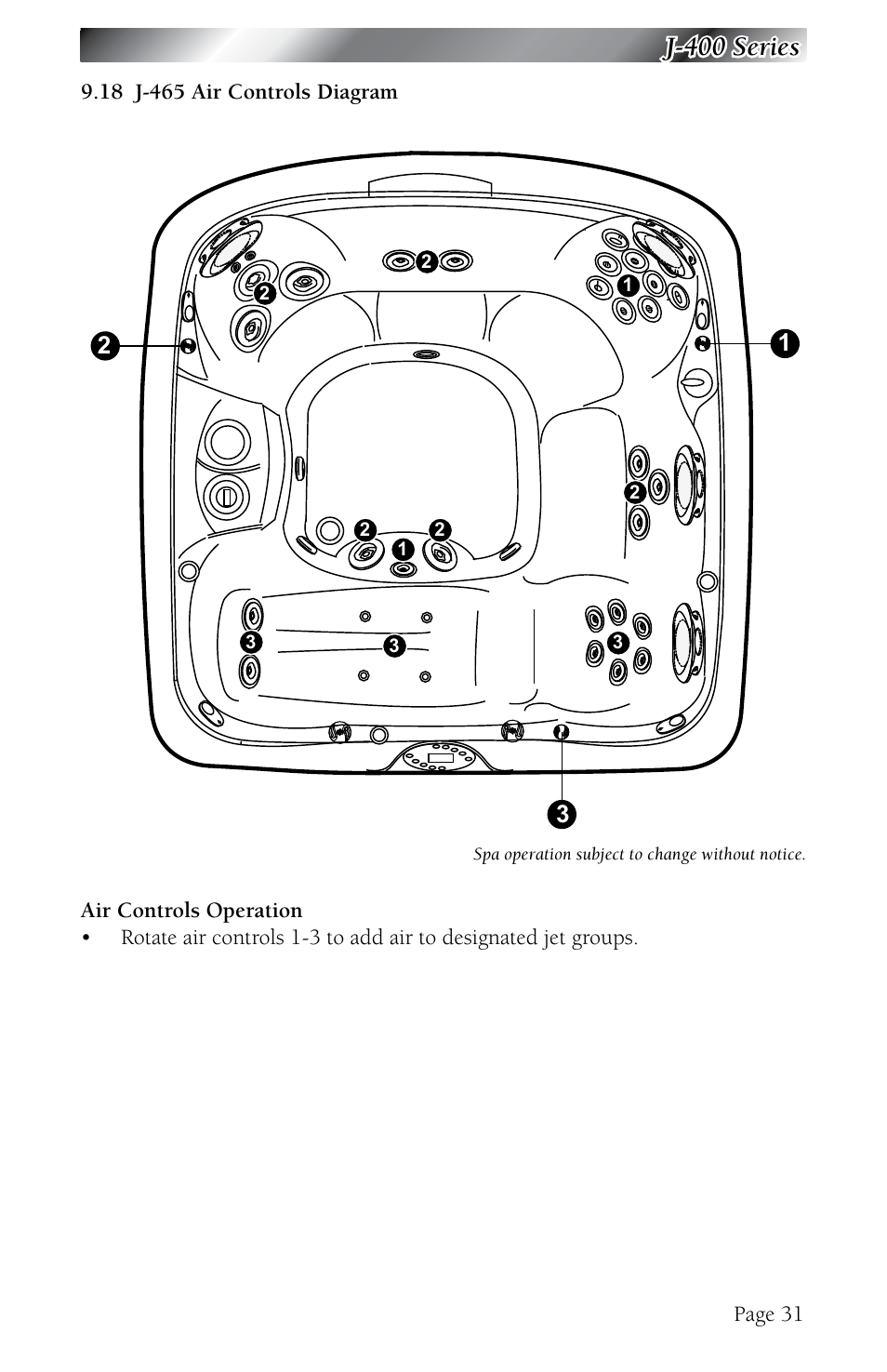 18 j-465 air controls diagram, J-465 air controls diagram, J-400 series | Jacuzzi J - 480 User Manual | Page 35 / 70