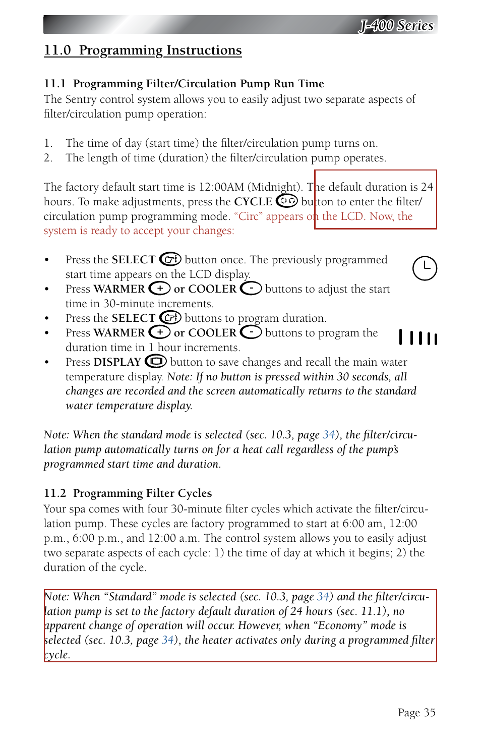 0 programming instructions, 1 programming filter/circulation pump run time, 2 programming filter cycles | Programming instructions, Programming filter/circulation pump run time, Programming filter cycles | Jacuzzi J - 480 User Manual | Page 39 / 70