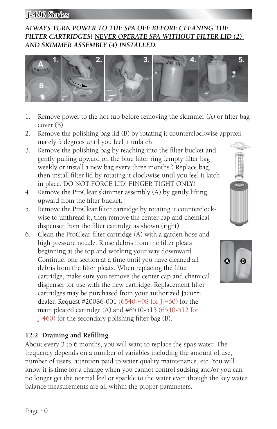 2 draining and refilling, Draining and refilling, J-400 series | Jacuzzi J - 480 User Manual | Page 44 / 70