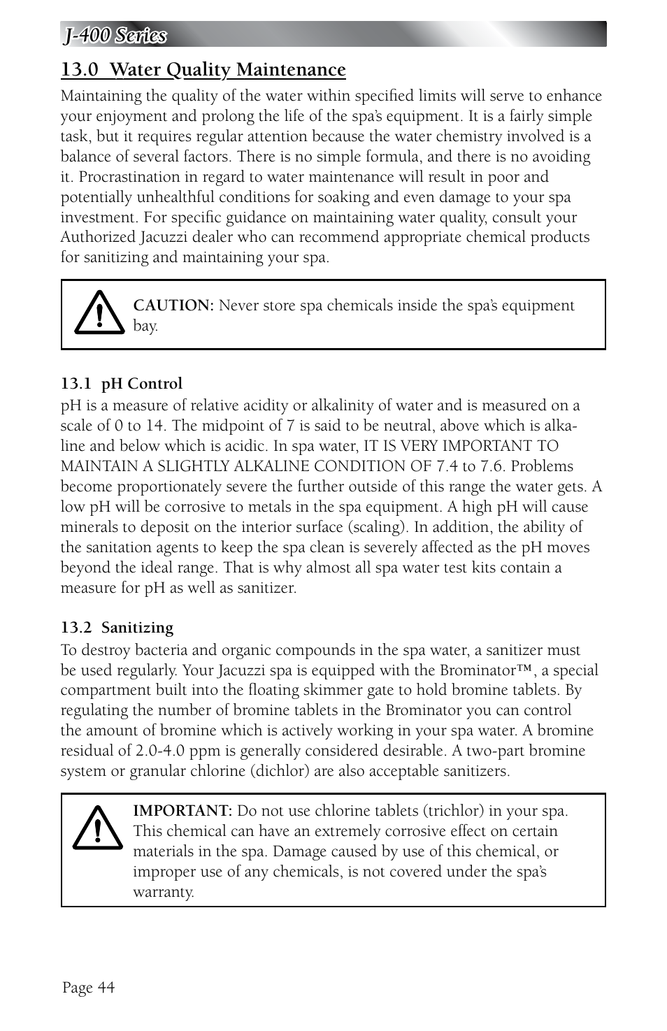 0 water quality maintenance, 1 ph control, 2 sanitizing | Water quality maintenance, Ph control, Sanitizing, For general guidance | Jacuzzi J - 480 User Manual | Page 48 / 70