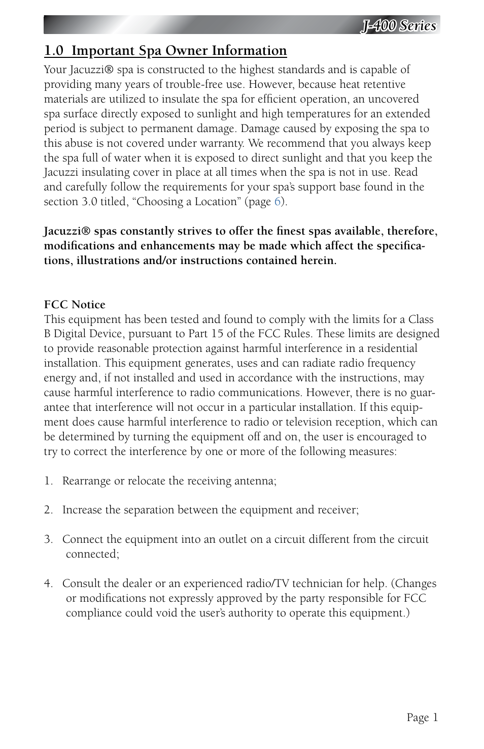 0 important spa owner information, Important spa owner information | Jacuzzi J - 480 User Manual | Page 5 / 70