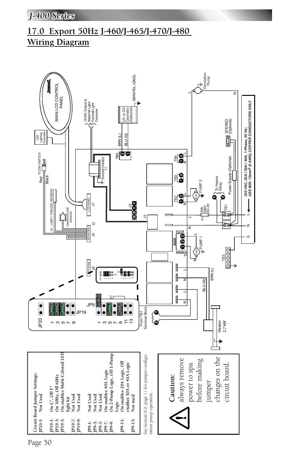 Export 50hz j-460/j-465/j-470/j-480 wiring diagram, Page 50 | Jacuzzi J - 480 User Manual | Page 54 / 70
