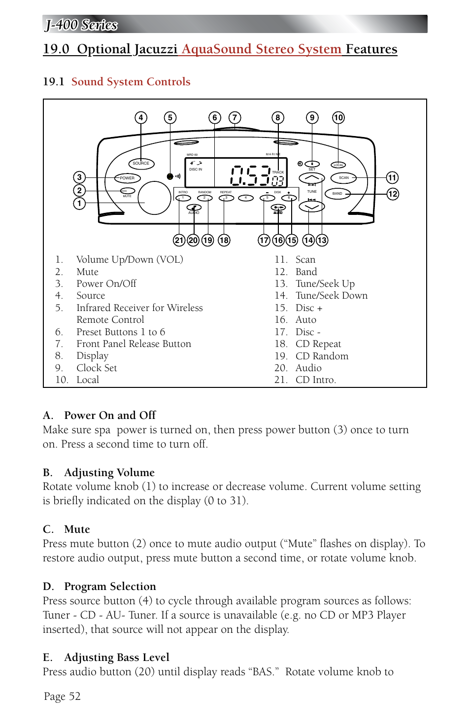 1 general controls, Optional jacuzzi, Aquasound stereo system | Features, General controls, Page 52, 1 sound system controls | Jacuzzi J - 480 User Manual | Page 56 / 70