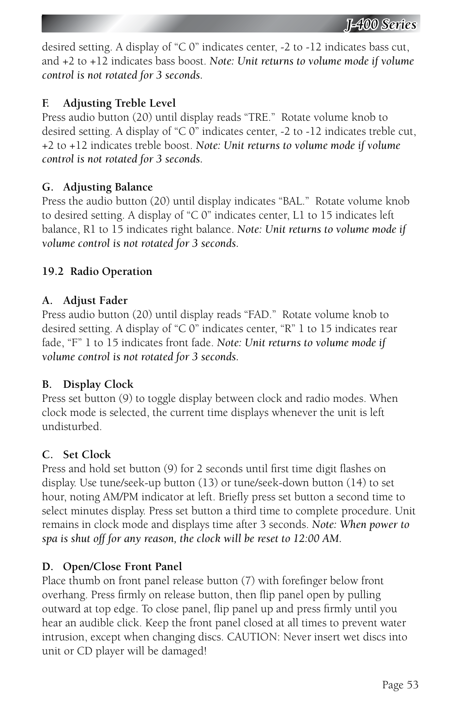 2 radio operation, Radio operation, J-400 series | Jacuzzi J - 480 User Manual | Page 57 / 70