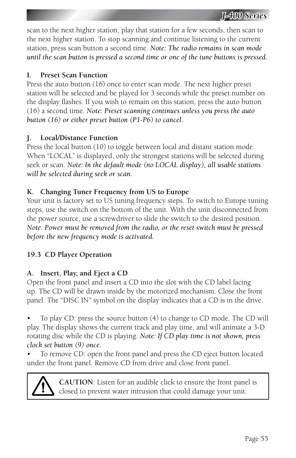 3 cd player operation, Cd player operation, J-400 series | Jacuzzi J - 480 User Manual | Page 59 / 70