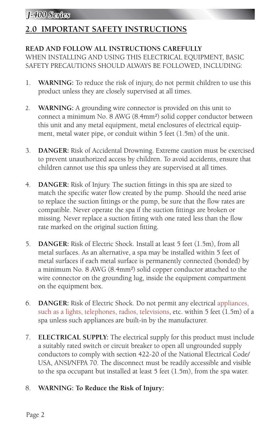 0 important safety instructions, Important safety instructions | Jacuzzi J - 480 User Manual | Page 6 / 70