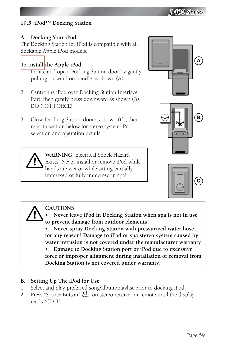 5 ipod docking station, Ipod docking station, J-400 series | Page 59 | Jacuzzi J - 480 User Manual | Page 63 / 70