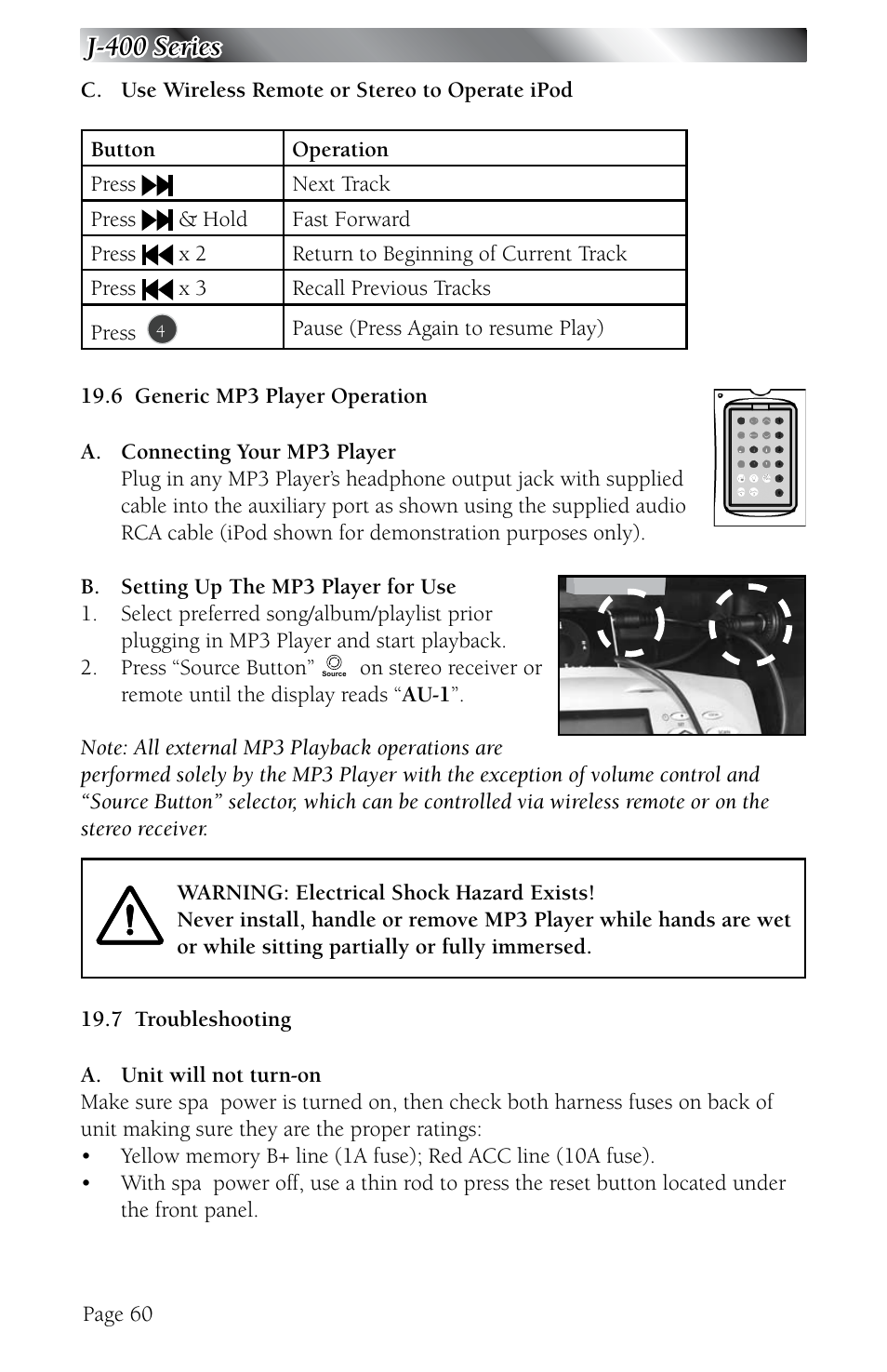 6 generic mp3 player operation, 7 troubleshooting, Generic mp3 player operation | Troubleshooting, J-400 series | Jacuzzi J - 480 User Manual | Page 64 / 70