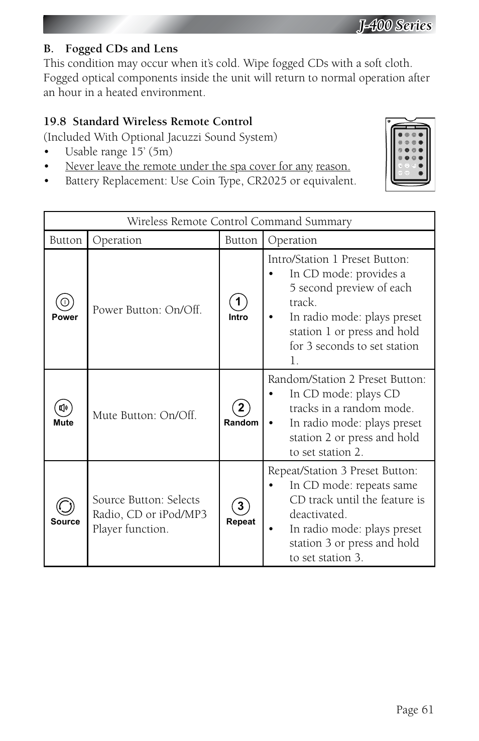 8 standard wireless remote control, Standard wireless remote control, J-400 series | Jacuzzi J - 480 User Manual | Page 65 / 70