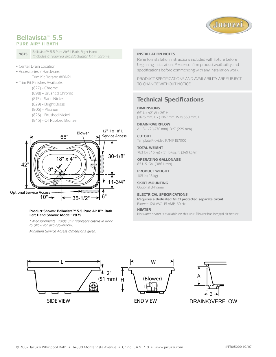 Bellavista, Technical specifications | Jacuzzi Bellavista Y875 - RH User Manual | Page 2 / 2