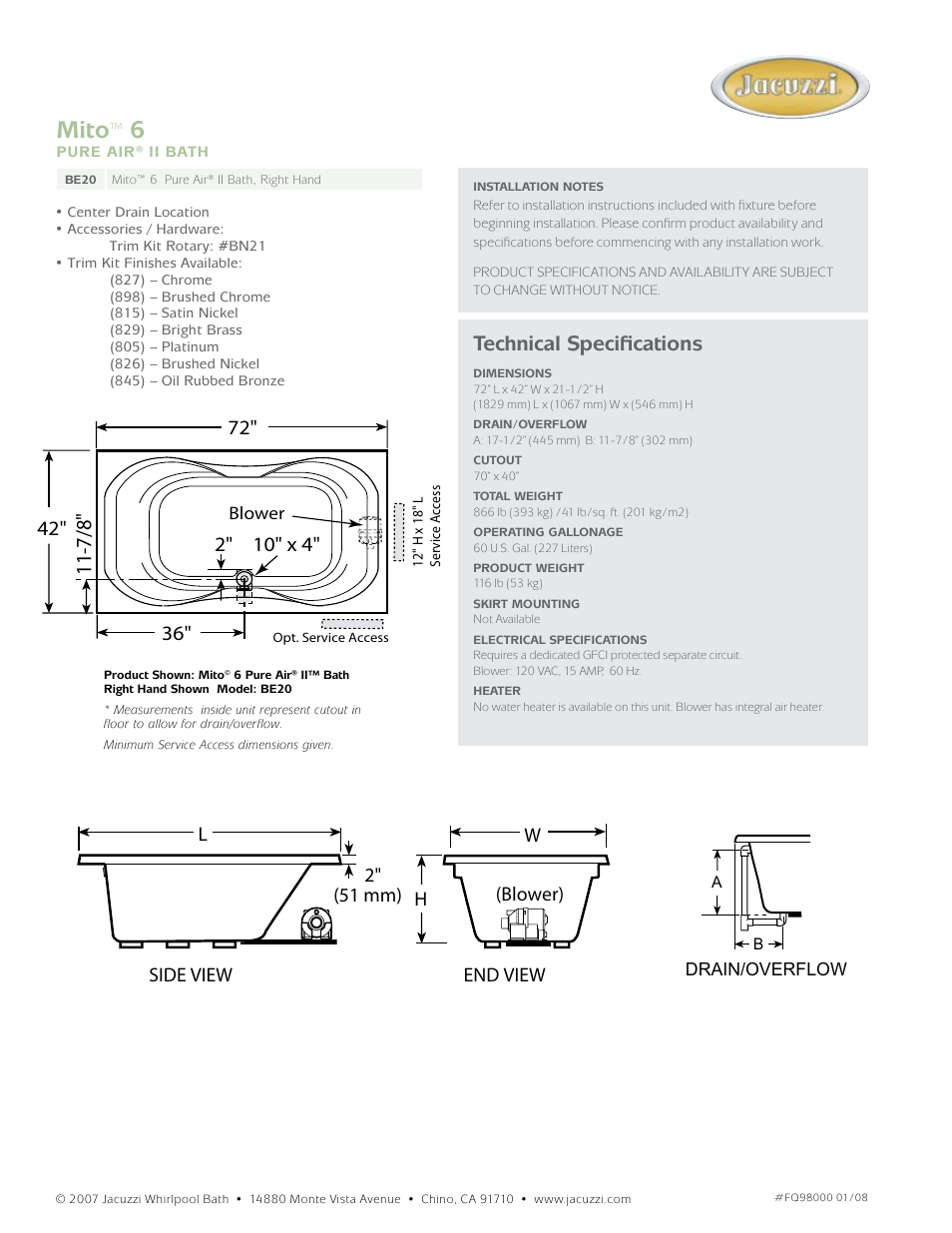 Mito, Technical specifications, 10" x 4" 2 | End view h w side view l 2" (51 mm) (blower) | Jacuzzi Mito BE20 User Manual | Page 2 / 2