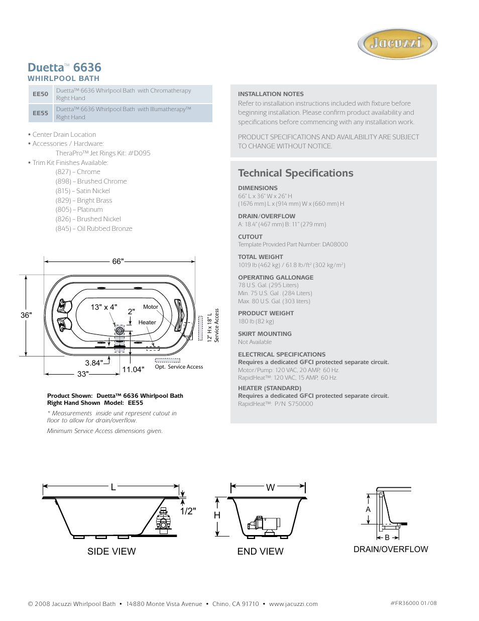 Duetta, Technical specifications, Duetta 6636 | End view h w side view l 1/2 | Jacuzzi Allusion 6636 User Manual | Page 2 / 2