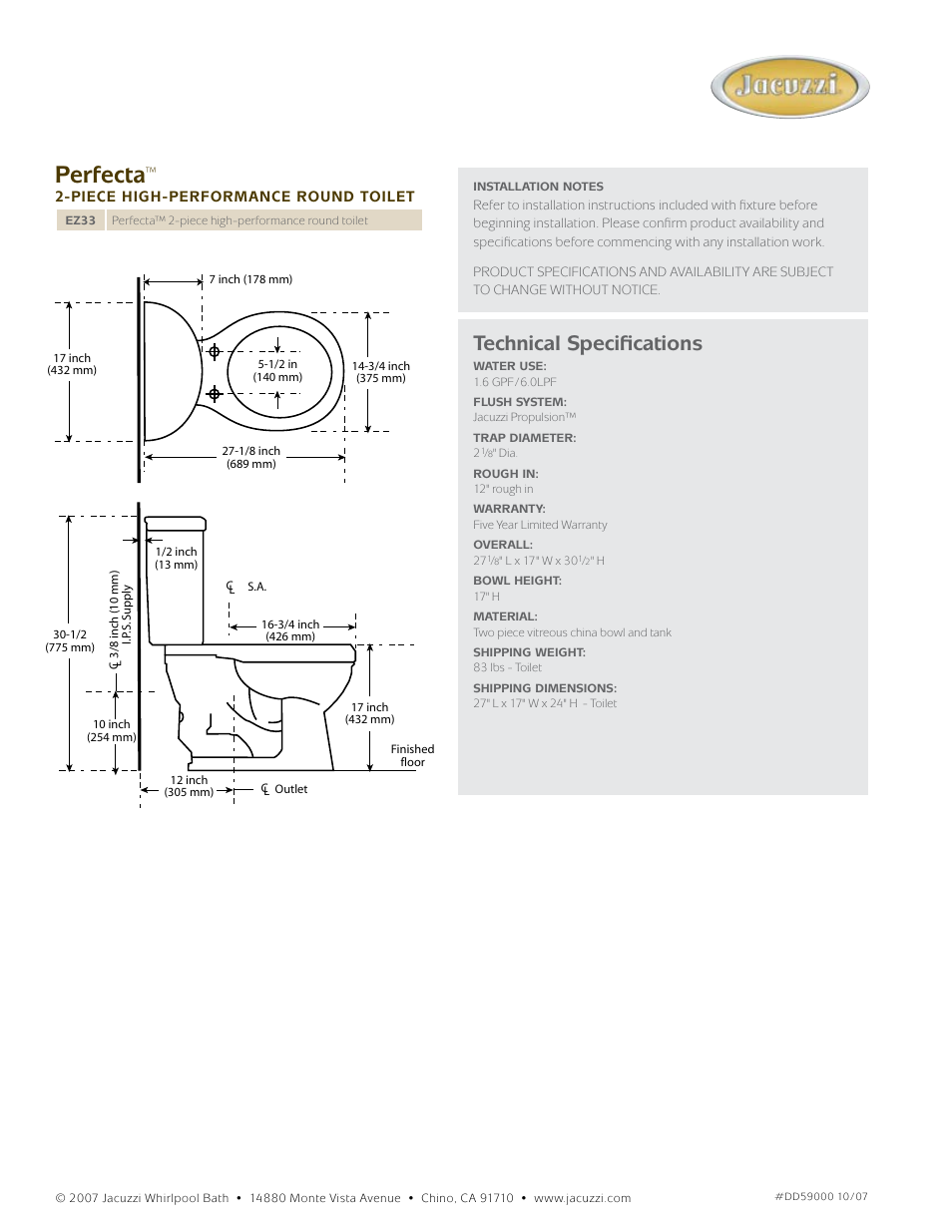 Perfecta, Technical specifications | Jacuzzi eZ33 User Manual | Page 2 / 2