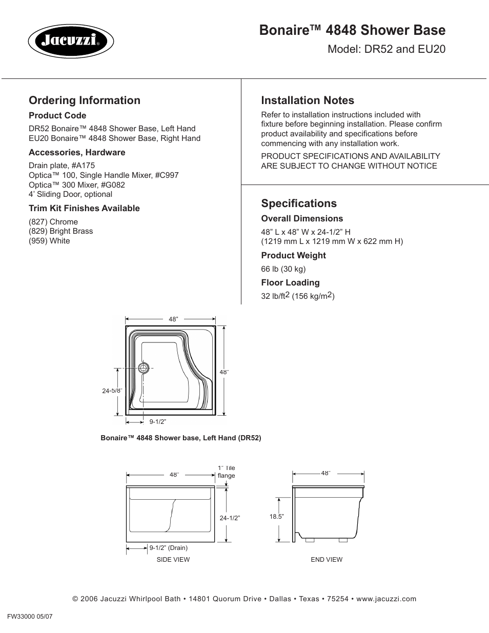 Bonaire™ 4848 shower base, Specifications, Ordering information | Jacuzzi Shower Base Bonaire 4848 User Manual | Page 2 / 2