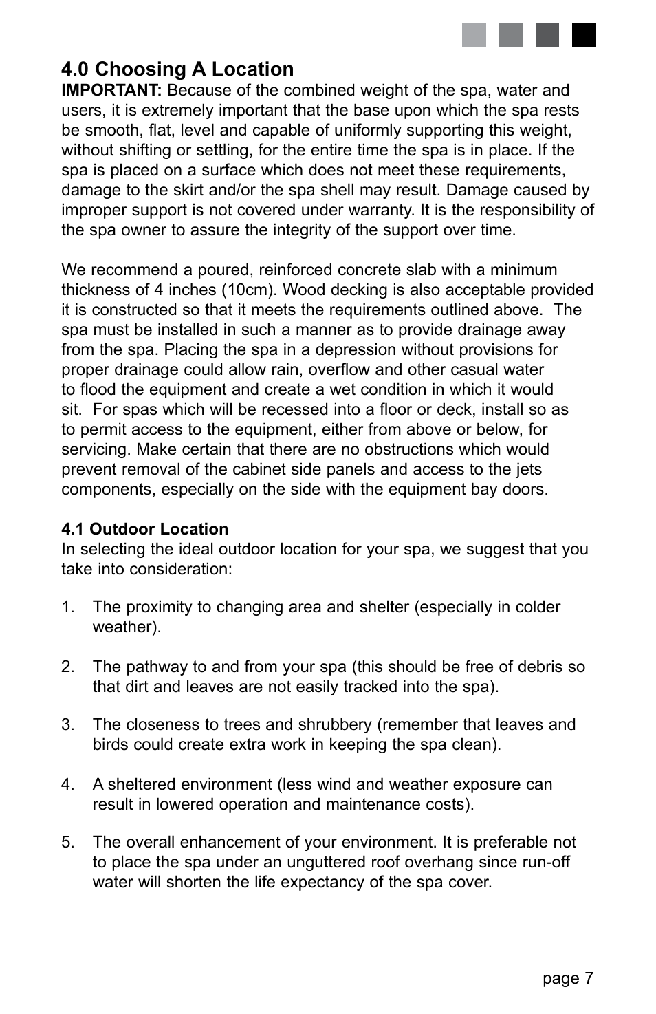 0 choosing a location, 1 outdoor location | Jacuzzi LED SERIES J-230 User Manual | Page 11 / 43