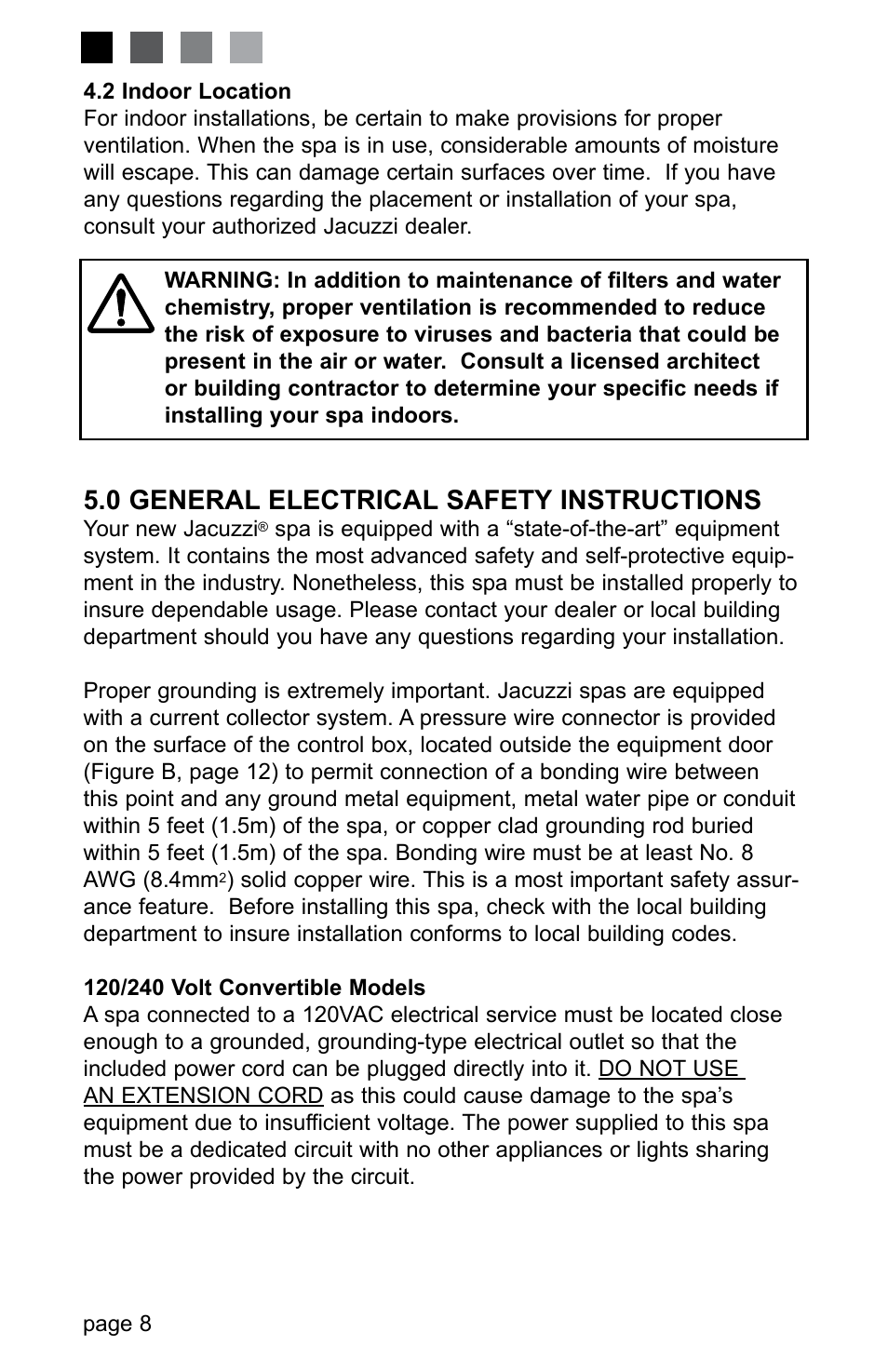 2 indoor location, 0 general electrical safety instructions | Jacuzzi LED SERIES J-230 User Manual | Page 12 / 43