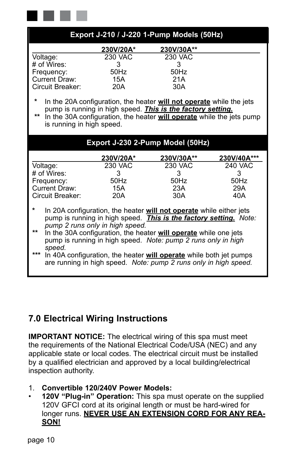 Export j-210/j-220 1-pump models (50hz), Export j-230 2-pump model (50hz), 0 electrical wiring instructions | Jacuzzi LED SERIES J-230 User Manual | Page 14 / 43