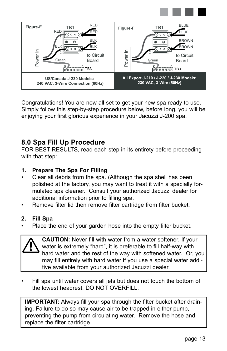 Figure-e, j-230 60hz connections, Figure-f, j-230 50hz connections, 0 spa fill up procedure | Jacuzzi LED SERIES J-230 User Manual | Page 17 / 43