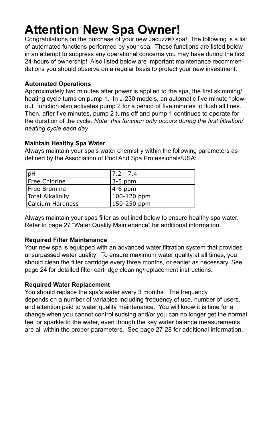 Attention new spa owner, Automated operations, Maintain healthy spa water | Required filter maintenance, Required water replacement | Jacuzzi LED SERIES J-230 User Manual | Page 2 / 43