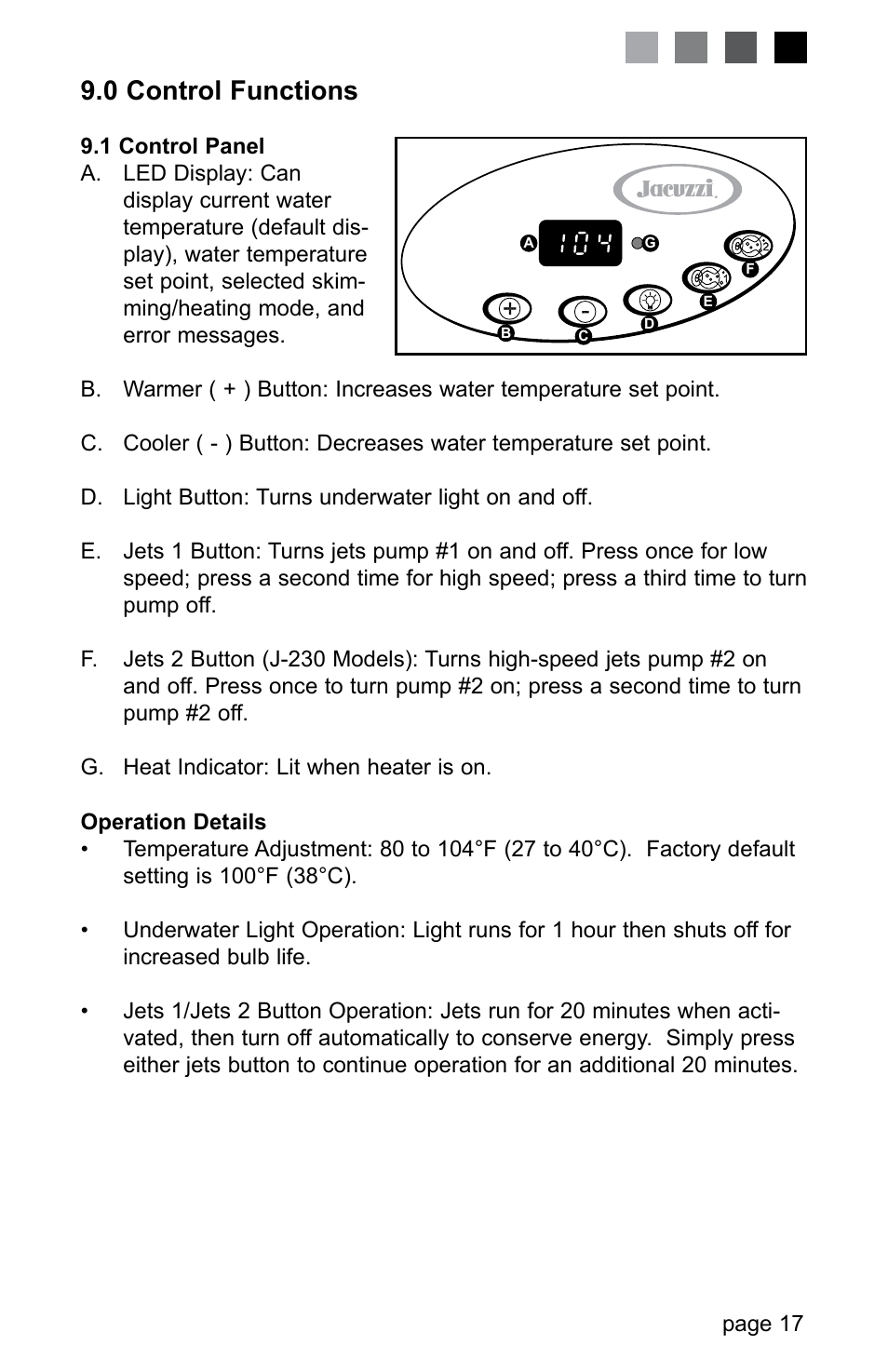 0 control functions, 1 control panel | Jacuzzi LED SERIES J-230 User Manual | Page 21 / 43