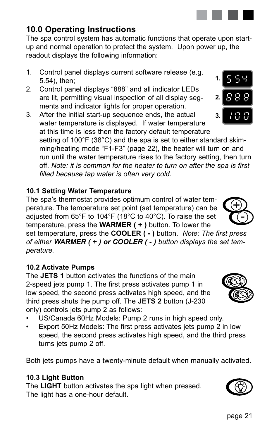 0 operating instructions, 1 setting water temperature, 2 activate pumps | 3 light button | Jacuzzi LED SERIES J-230 User Manual | Page 25 / 43