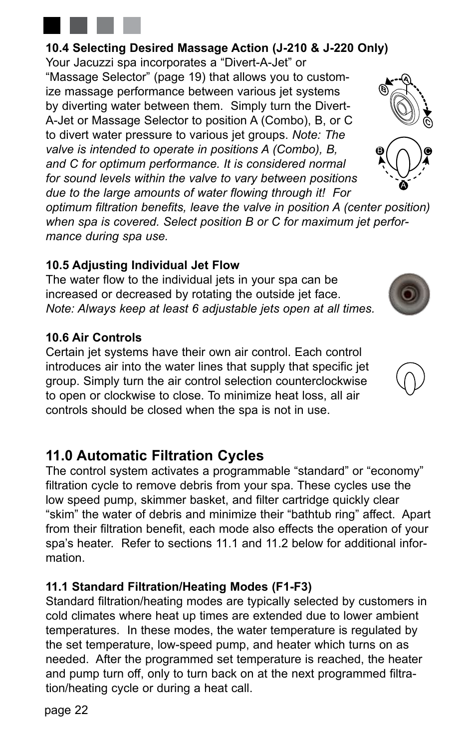 5 adjusting individual jet flow, 6 air controls, 0 automatic filtration cycles | 1 standard filtration/heating modes (f1-f3) | Jacuzzi LED SERIES J-230 User Manual | Page 26 / 43