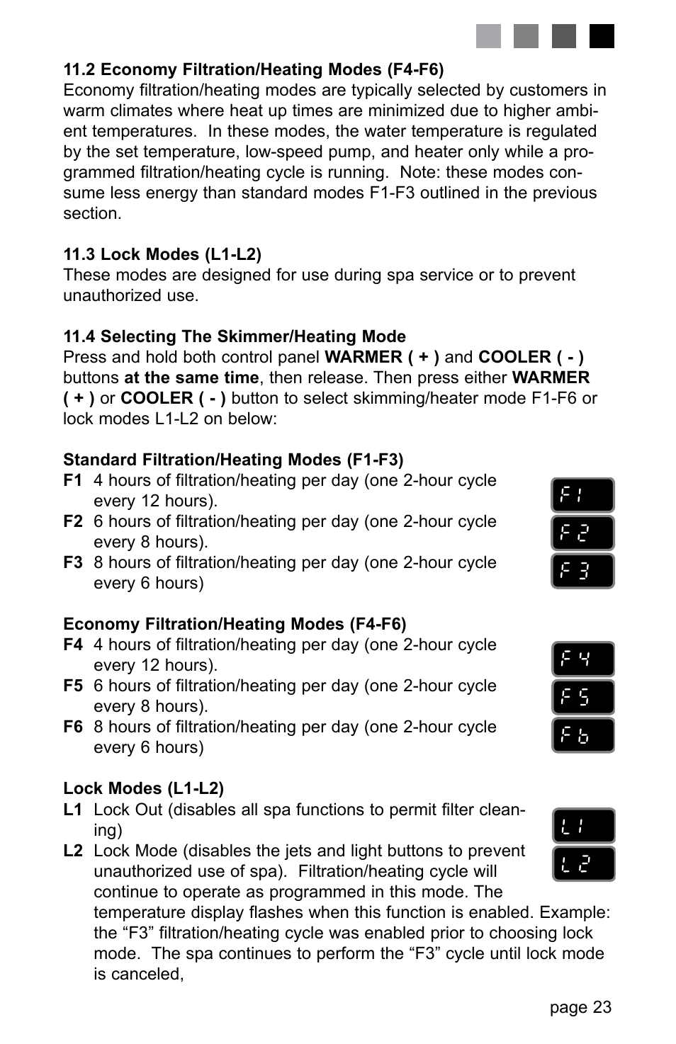 2 economy filtration/heating modes (f4-f6), 3 lock modes (l1-l2), 4 selecting the skimmer/heating mode | Jacuzzi LED SERIES J-230 User Manual | Page 27 / 43