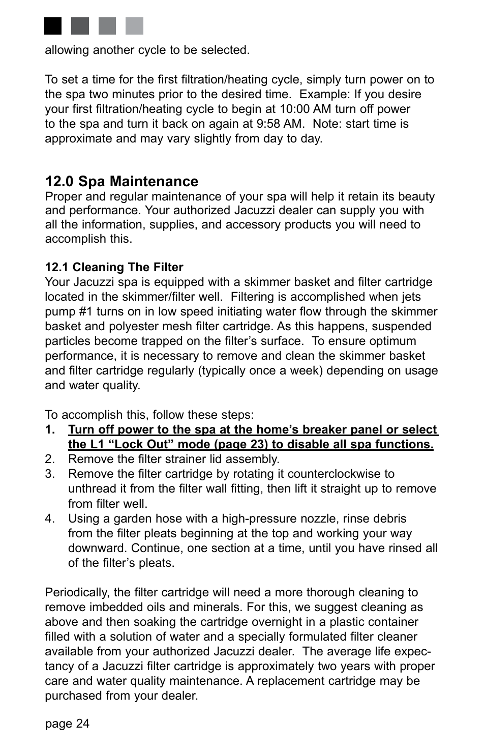 0 spa maintenance, 1 cleaning the filter | Jacuzzi LED SERIES J-230 User Manual | Page 28 / 43