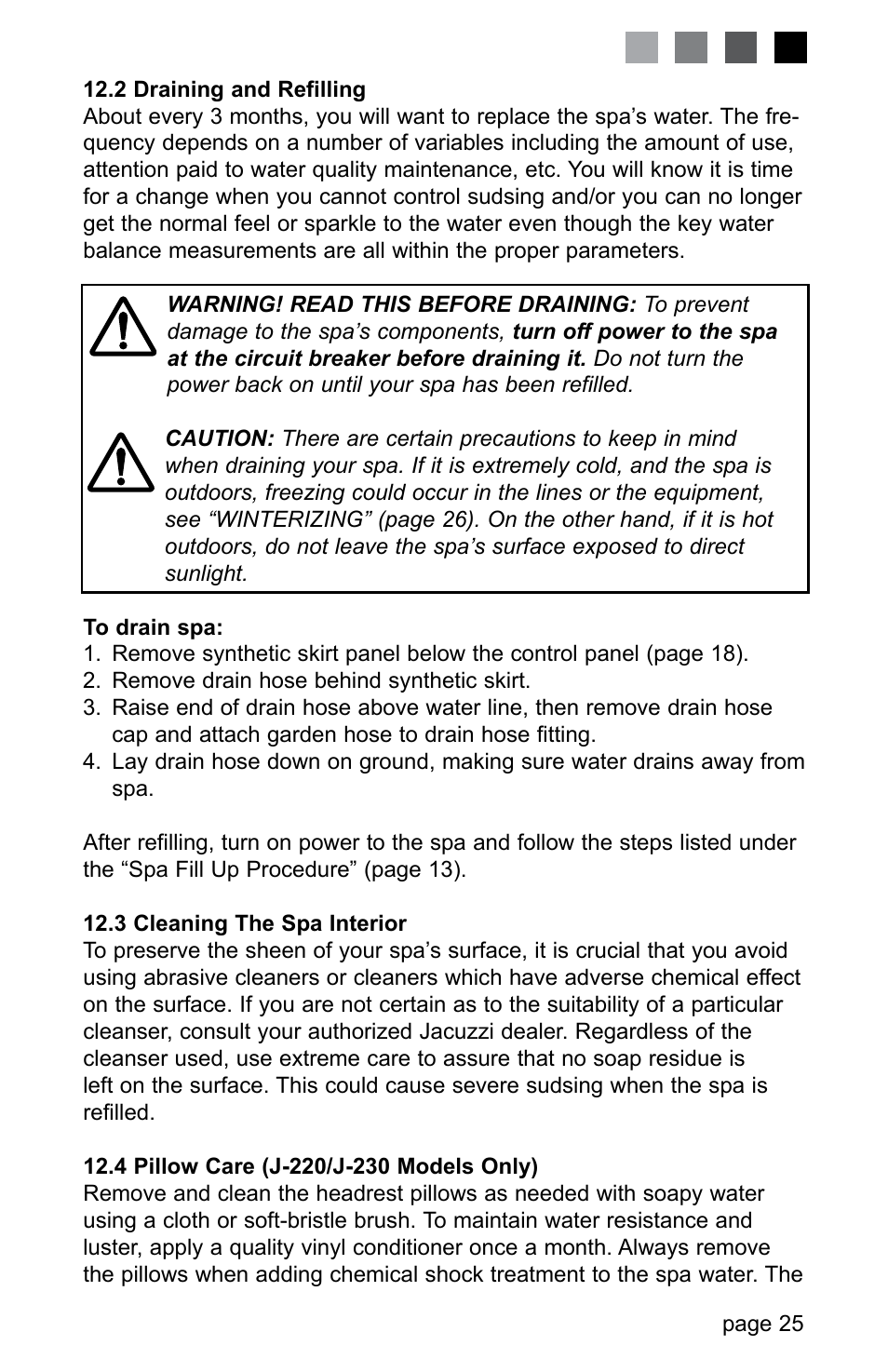 2 draining and refilling, 3 cleaning the spa interior, 4 pillow care (j-220/j-230 models only) | Jacuzzi LED SERIES J-230 User Manual | Page 29 / 43