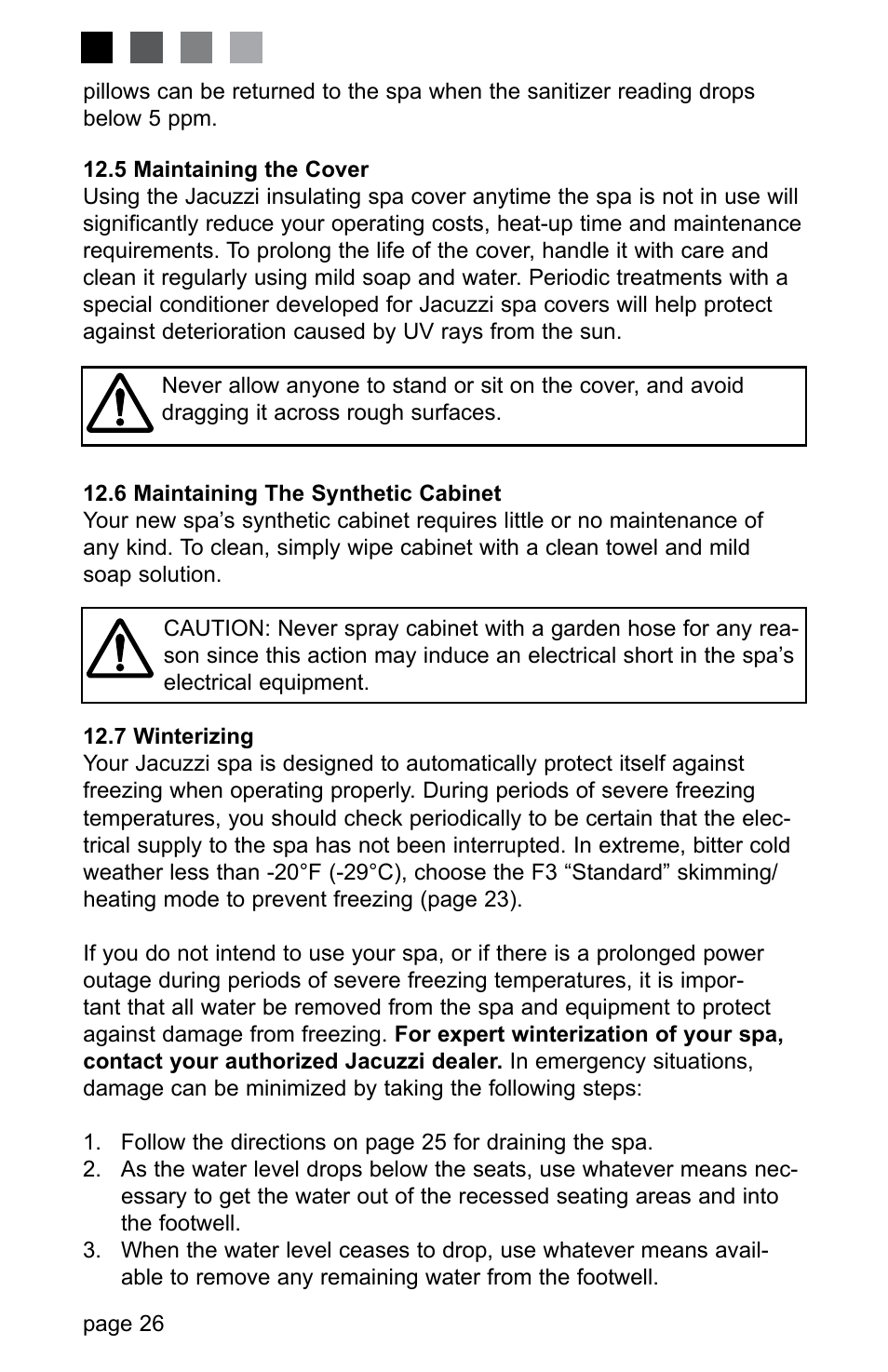 5 maintaining the cover, 6 maintaining the synthetic cabinet, 7 winterizing | Jacuzzi LED SERIES J-230 User Manual | Page 30 / 43