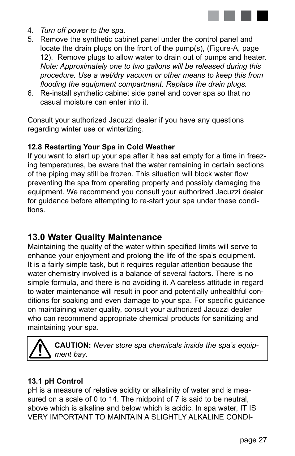 8 restarting your spa in cold weather, 0 water quality maintenance, 1 ph control | Jacuzzi LED SERIES J-230 User Manual | Page 31 / 43