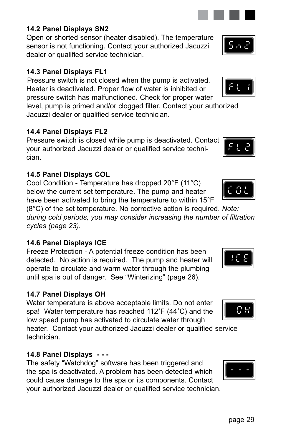 2 panel displays sn2, 3 panel displays fl1, 4 panel displays fl2 | 5 panel displays col, 6 panel displays ice, 7 panel displays oh, 8 panel displays | Jacuzzi LED SERIES J-230 User Manual | Page 33 / 43