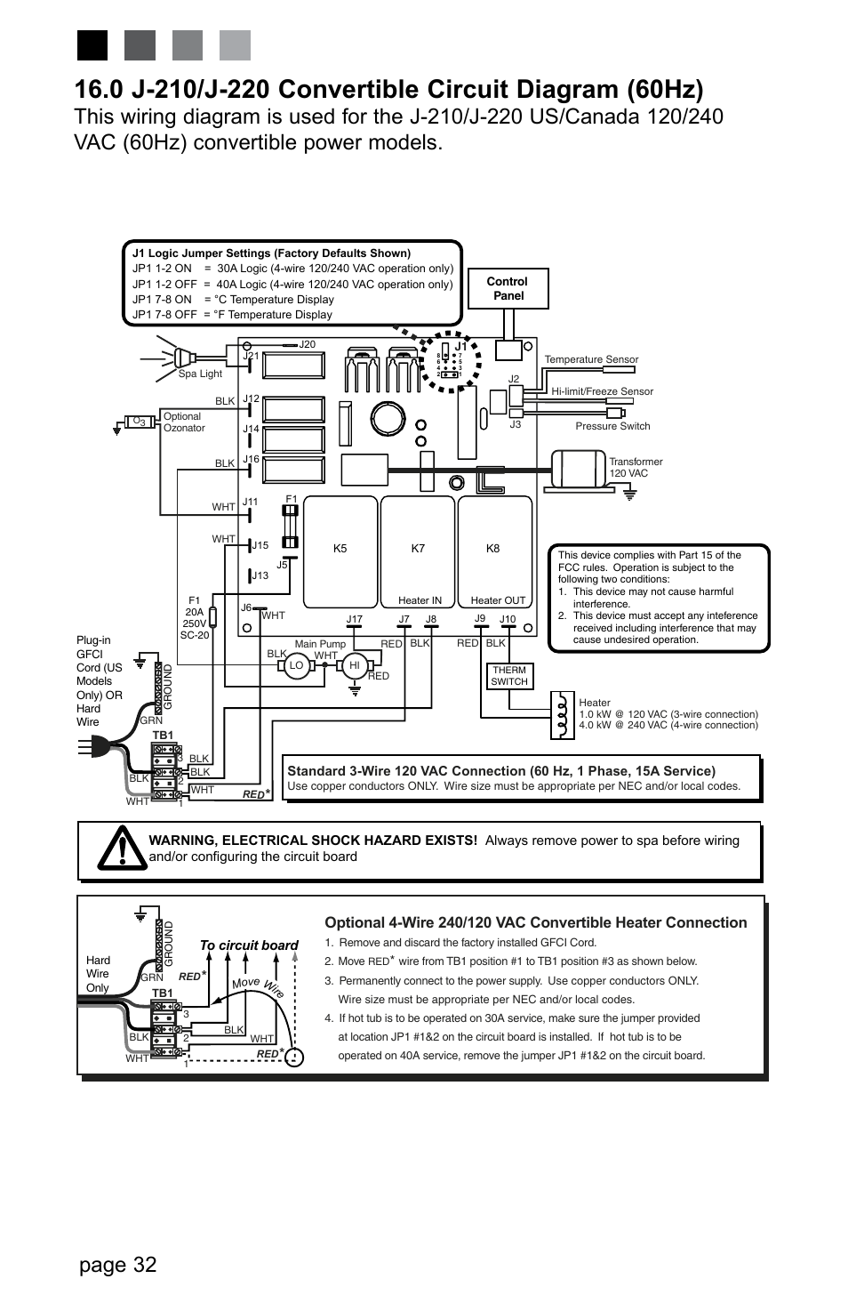 0 j-210/j-220 convertible circuit diagram (60hz), Page 32 | Jacuzzi LED SERIES J-230 User Manual | Page 36 / 43