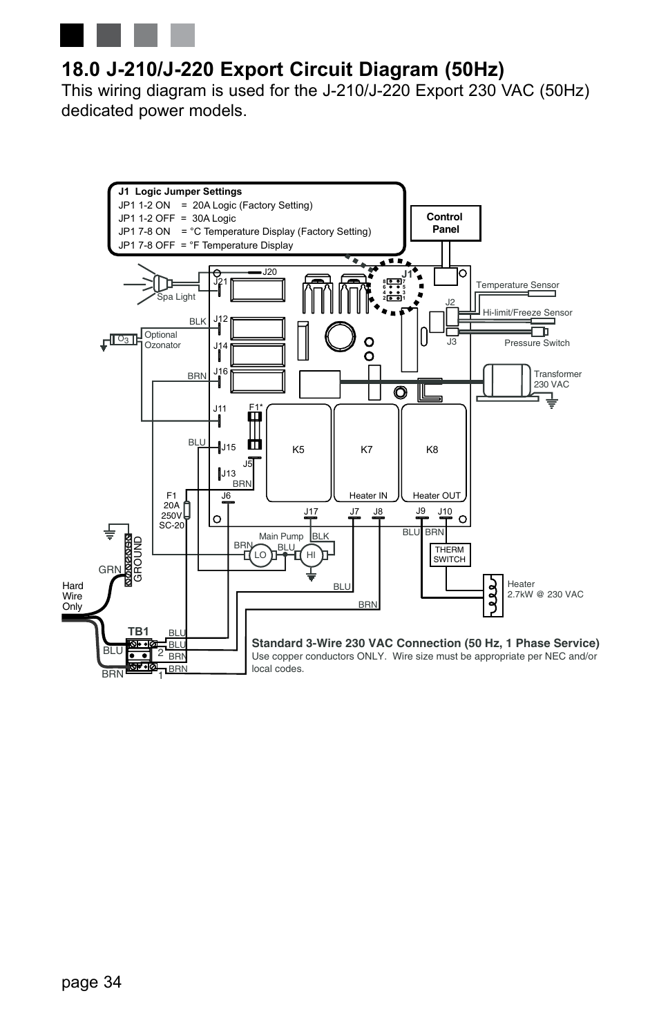 0 j-210/j-220 export circuit diagram (50hz), Page 34 | Jacuzzi LED SERIES J-230 User Manual | Page 38 / 43