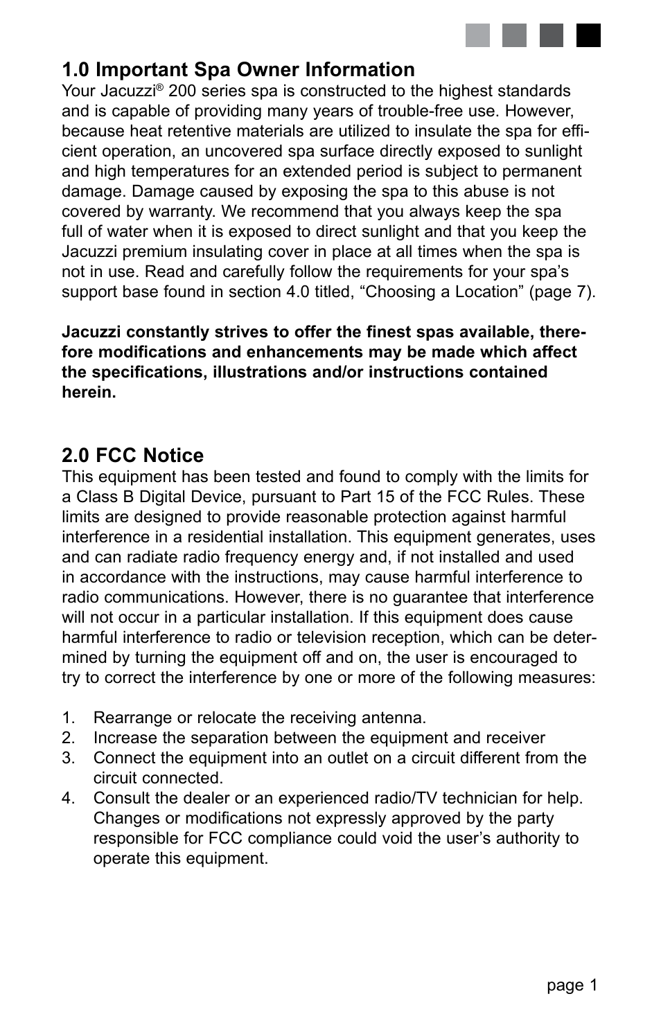 0 important spa owner information, 0 fcc notice | Jacuzzi LED SERIES J-230 User Manual | Page 5 / 43