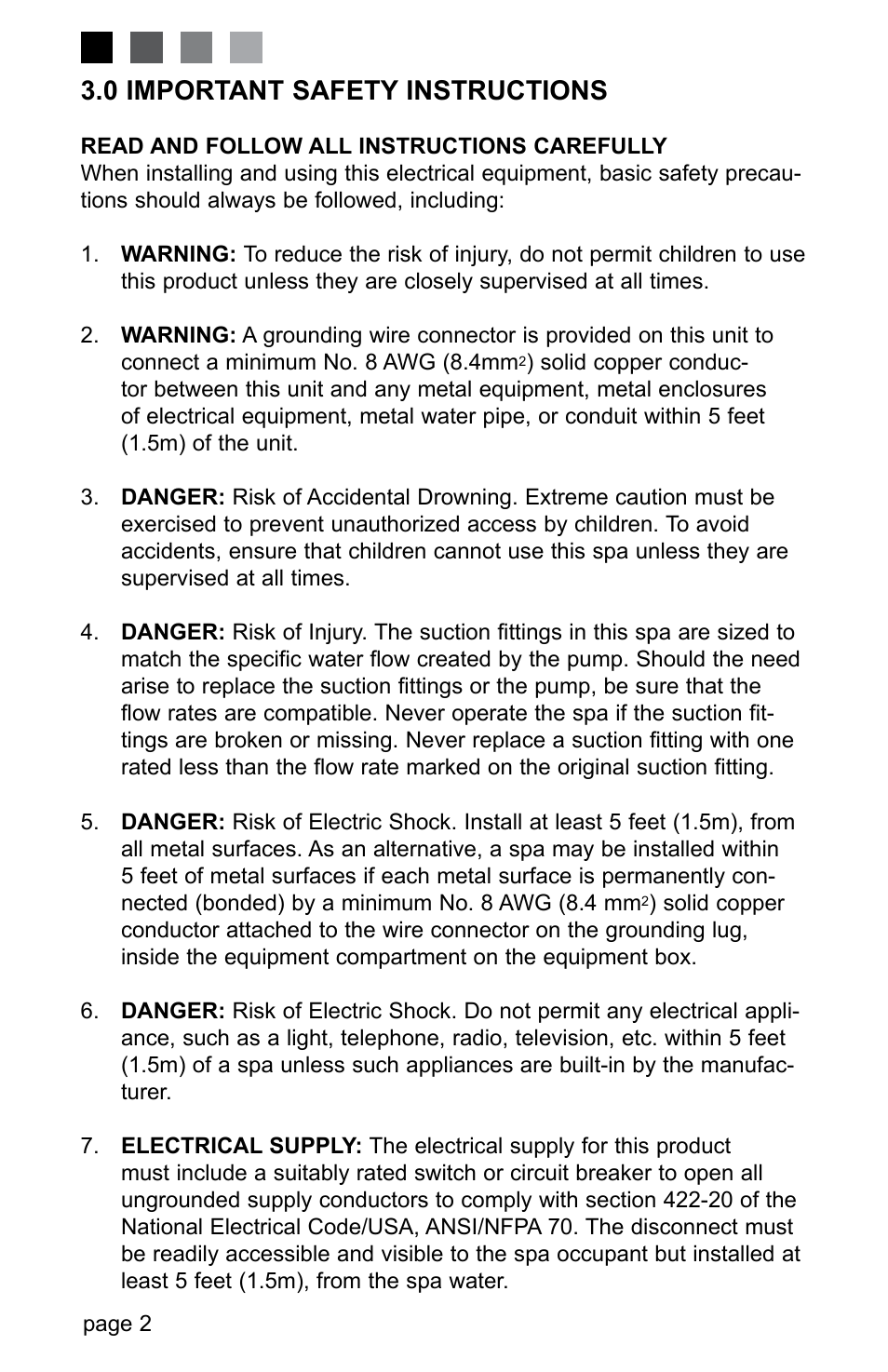 0 important safety instructions | Jacuzzi LED SERIES J-230 User Manual | Page 6 / 43