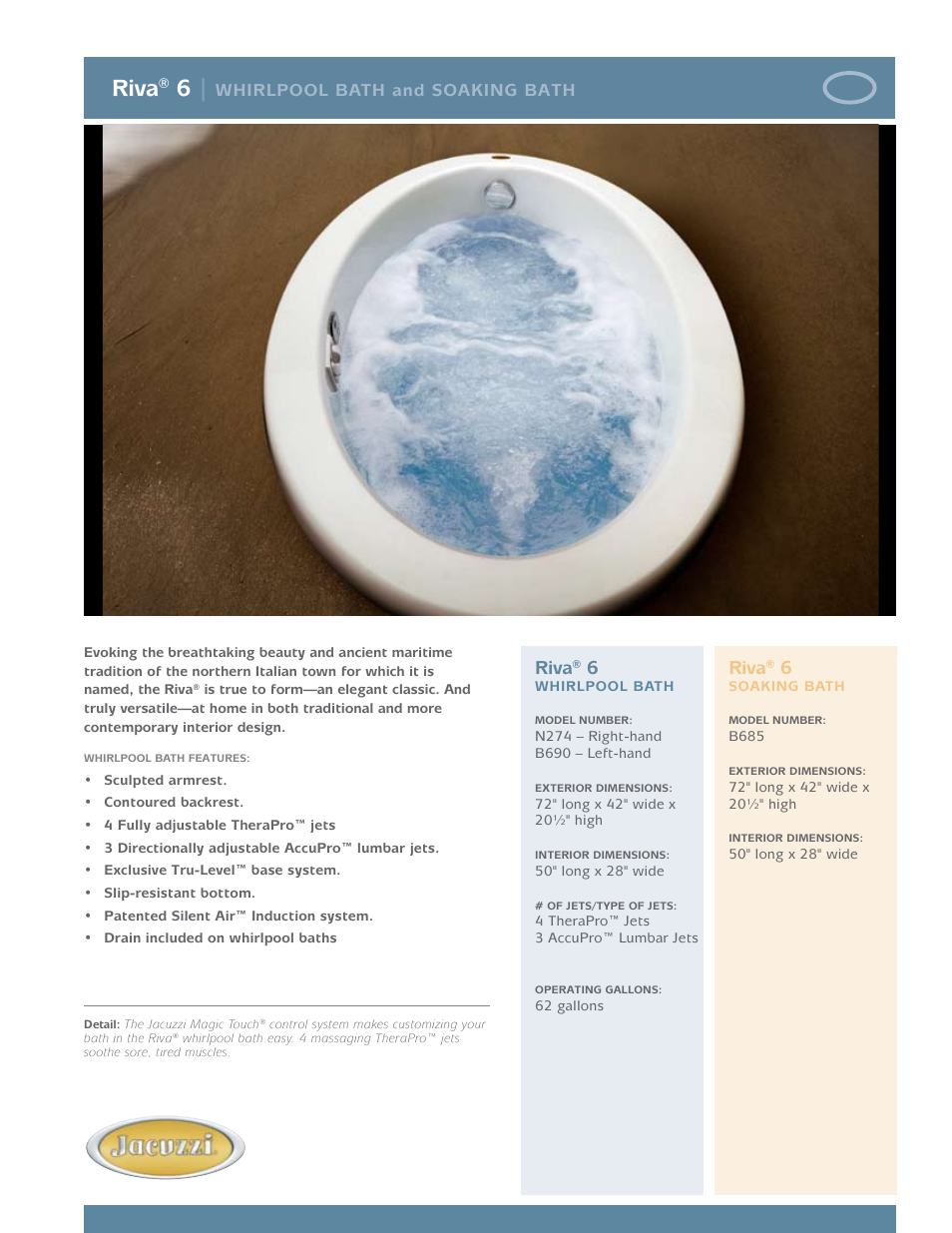 Jacuzzi Riva 6 Whirlpool Bath and Soaking Bath B685 User Manual | 2 pages