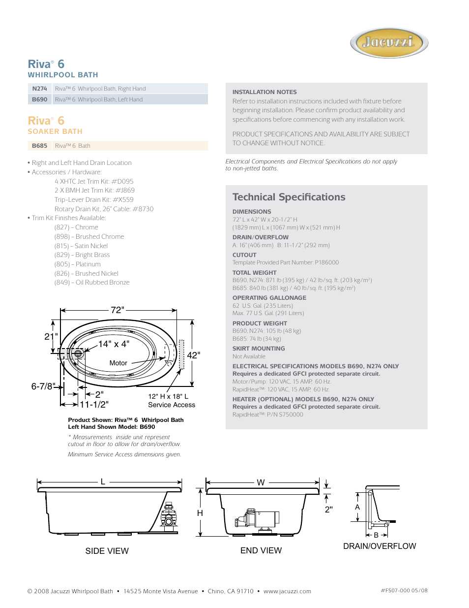 Riva, Technical specifications | Jacuzzi Riva 6 Whirlpool Bath and Soaking Bath B685 User Manual | Page 2 / 2