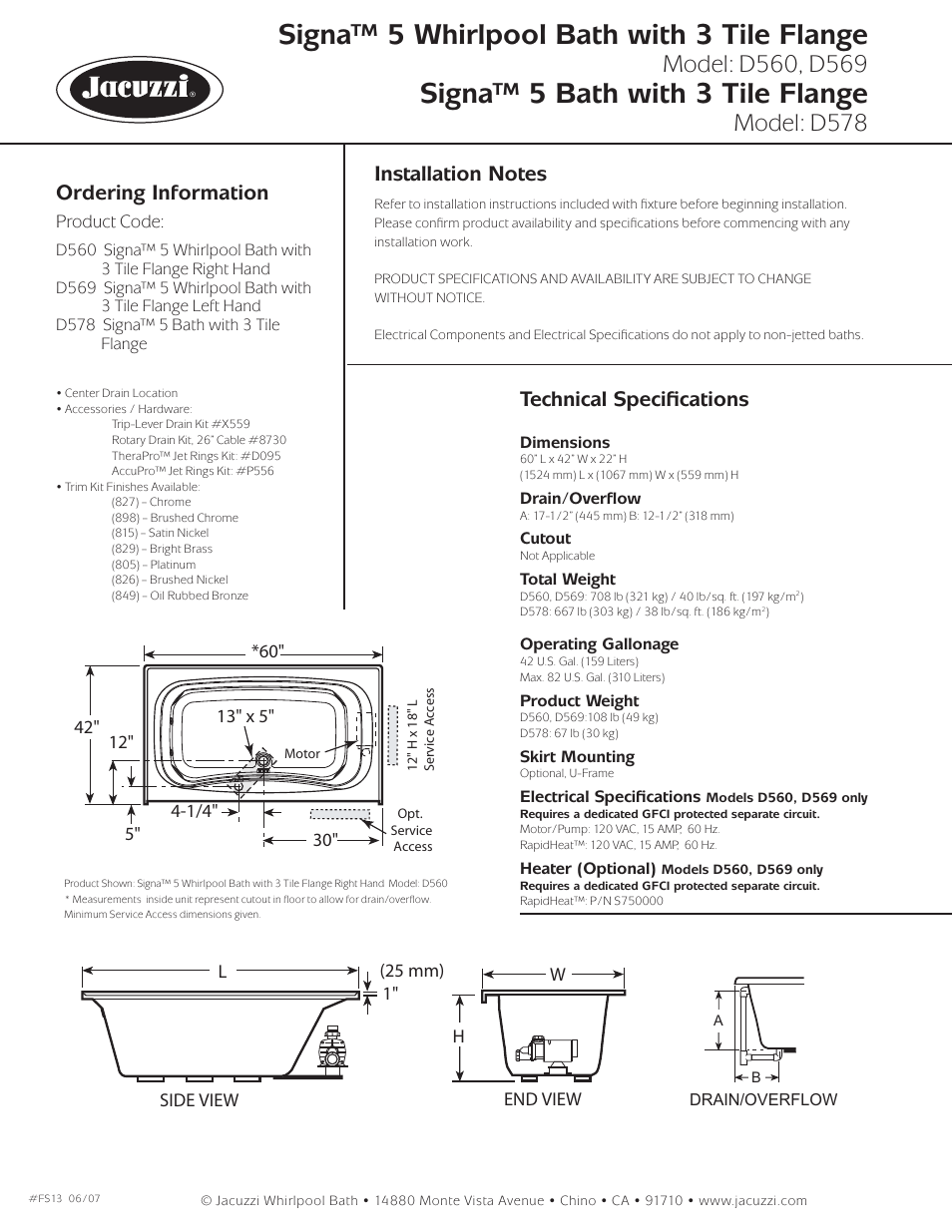 Signa™ 5 whirlpool bath with 3 tile flange, Signa™ 5 bath with 3 tile flange, Model: d578 | Ordering information, Technical speciﬁ cations, Baths with 3-sided tile flange | Jacuzzi Signa D578 User Manual | Page 2 / 2