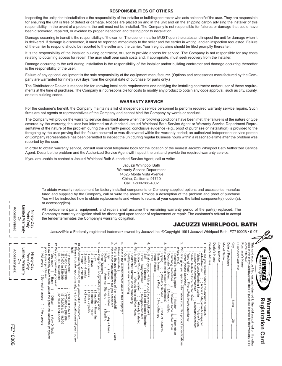 Warranty registration card, Jacuzzi whirlpool bath, Responsibilities of others | Warranty service | Jacuzzi Ristorre Metallo EC33000 User Manual | Page 16 / 16